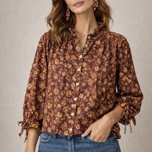 Doen Mulberry Vine Floral Organic Cotton Bow Sleeve Button Up Top Blouse Shirt